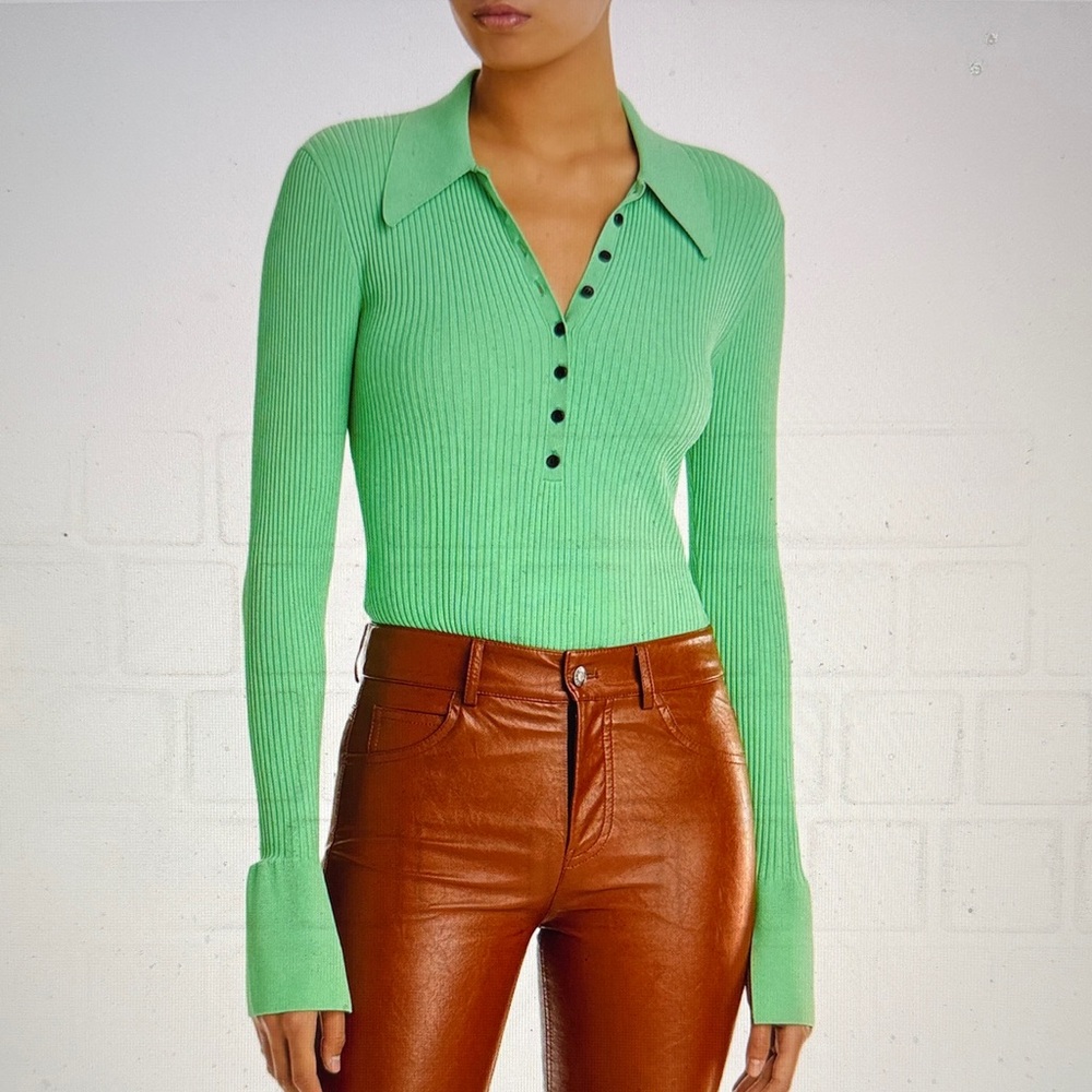 A.L.C. Vibrant Green/LimeEleanor Ribbed Polo Top/Sweater Long Split Bell Sleeve